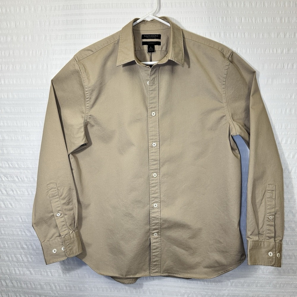 Banana Republic Men's Khaki Brushed Denim Shirt Size L Organic Cotton Button Up